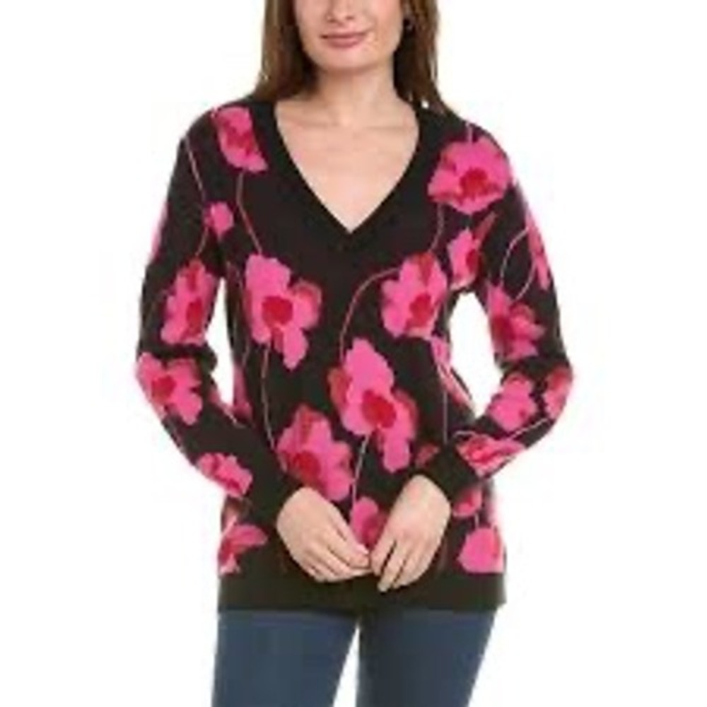 Cabi Rococo Pullover Women S Black Pink Floral V-Neck Knit Sweater 4102 New